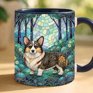 May include: A ceramic mug featuring a colorful stained-glass design of a Corgi dog in a forest setting. The mug has a dark blue handle and interior. The design includes trees, flowers, and mushrooms in shades of blue, green, and yellow.