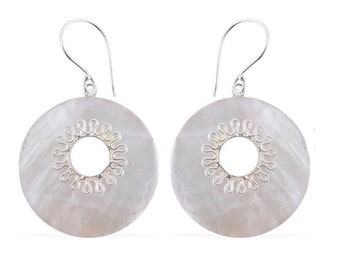 One-Of-A-Kind White Mother of Pearl Jewelry Set; Including Mother of Pearl Pendant & Mother of Pearl Retro Hoop Earrings in Sterling Silver