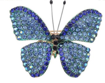 STUNNING Blue Austrian Crystal Butterfly Brooch/Necklace COMBO