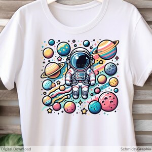 Espacio de dibujos animados SVG / Diseño de tema espacial / Espacio divertido PNG / Sublimación SVG / Diseño de pegatina de planeta colorido / Descarga de astronauta lindo