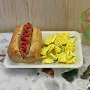 Dollhouse Hot Dog and Chips | Miniature Hot Dog and Chips | Miniature Dinner Plate | Dollhouse Food | Miniature Restaurant | 1:12 scale