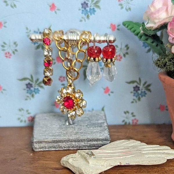 Dollhouse Jewelry Set - Ruby & Diamonds | Miniature Jewelry Set | Dollhouse Swarovski Jewelry Display | Dollhouse Diamonds | 1:12 Scale