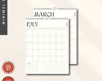 May include: A 2027 wall calendar printed on glossy paper, featuring a minimalist black and white grid layout. The pages display the months of March and July with clear headings, numbered dates, and lined sections for notes on each page.