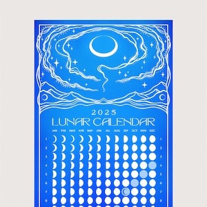 CALENDARIO DE FASES LUNAR 2025 Rastreador del ciclo lunar y planificador astrológico Calendario lunar azul cielo cerúleo Arte astrológico Regalo único para ella
