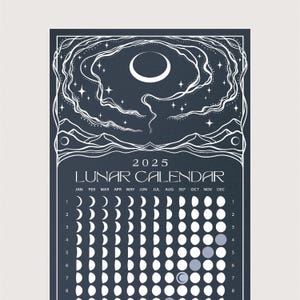 CALENDARIO DE FASES LUNAR 2025 Rastreador del ciclo lunar y planificador astrológico Calendario de la luna negra de la noche de obsidiana Arte astrológico Regalo único para ella