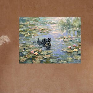 May include: An oil painting depicts a black dog swimming in a pond filled with lily pads and pink and yellow water lilies. The water reflects the sky and surrounding greenery. The artwork is displayed on a brown wall.