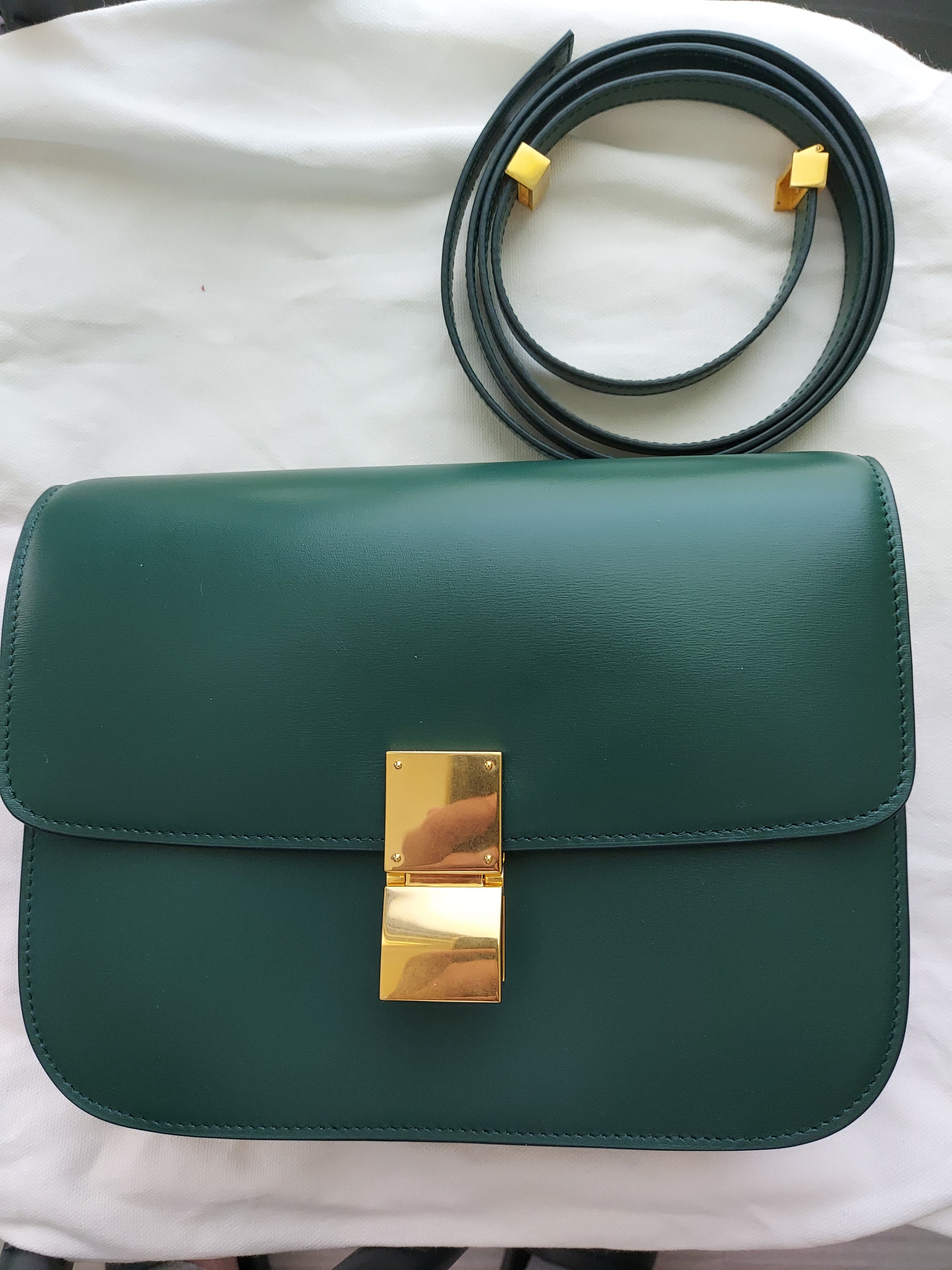 Celine Classic Box Bag Medium, Teal Grainy Leather with Gold Hardware,  Preowned in Box WA001