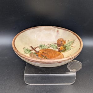 May include: A shallow ceramic bowl with a cream-colored glaze and a brown rim. The interior features a hand-painted design of a large brown fruit with green leaves and smaller round accents. A British coin is placed next to the bowl for scale.