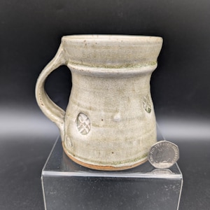 Studio Pottery Mug Ash glaze with Impressed Roundels
