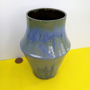 Oswald Scherbaum Studio Pottery Vase Prominent Waist Flare in Blue and Yellow Drips