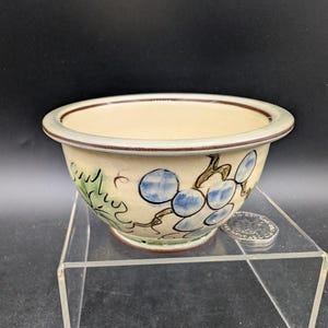 May include: A small, off-white ceramic bowl with a hand-painted design of blue grapes and green leaves. The rim has a brown border, and the bowl sits on a clear acrylic stand. The bowl's interior is a light beige colour.