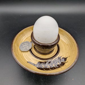 May include: A brown and tan ceramic egg cup with a wheat design. The egg cup is holding a white egg. A silver coin is on the saucer.