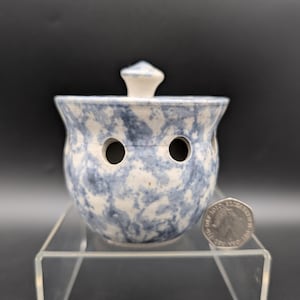 Puede incluir: Un tarro de cerámica para ajos con tapa, con un diseño moteado azul y blanco. El tarro tiene dos agujeros redondos y está sobre un soporte acrílico transparente. Hay una moneda al lado.