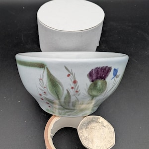 May include: A white ceramic bowl with a green and purple thistle design. The bowl is approximately 10 cm in diameter and 5 cm tall.