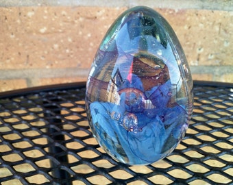 Vines Glass Paperweight Eggshaped with Purple Veil, Blue Swirls and Bubbles