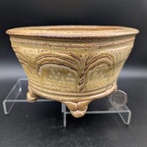 May include: A handmade ceramic bonsai pot with a light brown glaze and decorative leaf patterns. The pot has a wide, shallow bowl shape and is supported by three small feet. The rim and the leaf patterns are a darker brown.