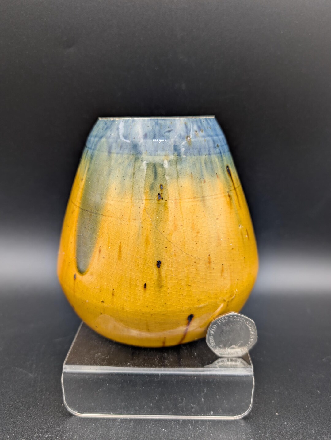 Vintage Art Pottery Vase With Drip Blue Over Yellow - Etsy