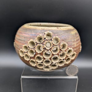 May include: A handcrafted ceramic bowl with a textured, reddish-brown exterior. The bowl features a unique design of numerous small, circular openings. The bowl is displayed on a clear stand against a dark background.