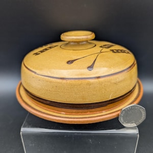 Coldstone Pottery Lidded Butter Cheese Dish Wheatear Brown Slip Decoration on Yellow