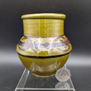 Brixham Pottery Boulbous Vase Green with Black Design and Yellow Interior