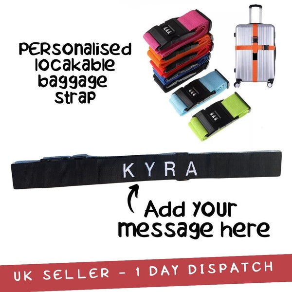 Personalised white embroidered Luggage Suitcase Secure Lock Strap Belt Password