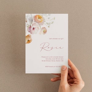Floral Bridal Shower Invitation Template 5x7, Modern Blush & Pink Bridal Party Invite with Flower