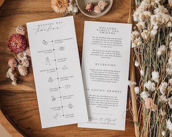 Modern wedding timeline template with icons, DIY printable program wedding day schedule with calligraphy font, Instant Download