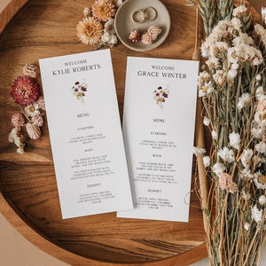Plantilla de menú de boda boho con flores de otoño, Menú de cena floral con nombre de invitado incluido, Descarga instantánea imprimible editable