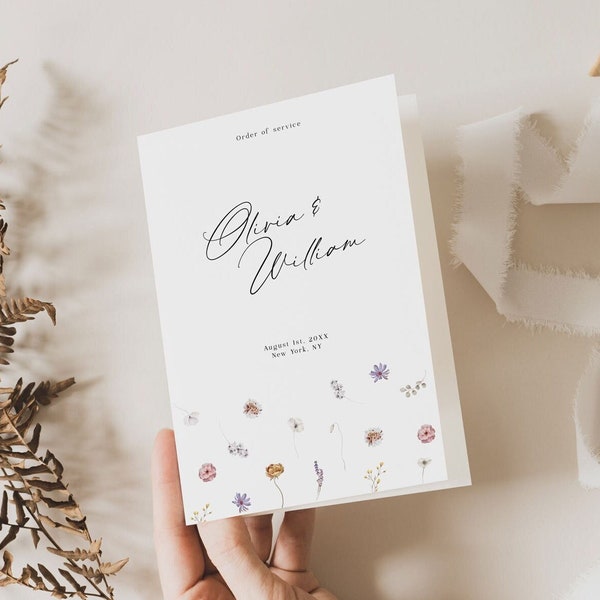 Floral Wedding Program Template, Modern Order of Service, Modern Wedding Ceremony Booklet, Instant Download