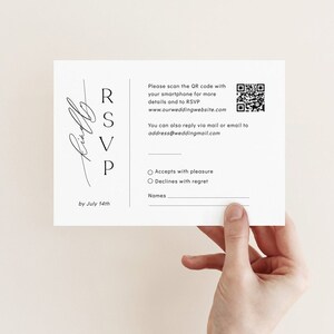 May include: A white RSVP card with black text and a QR code. The card includes the words "RSVP" and "by July 14th." The card also has instructions to scan the QR code for more details and to RSVP.