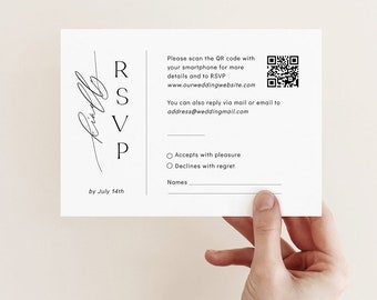 Modern RSVP card template with QR code and script font, Minimalist simple wedding RSVP printable, Editable Instant download