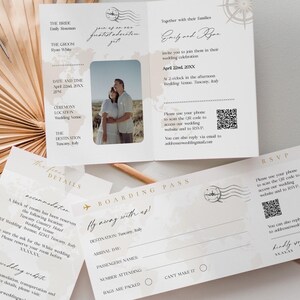 Passport wedding invitation template suite Destination travel wedding boarding pass invite set with photo and QR code Editable