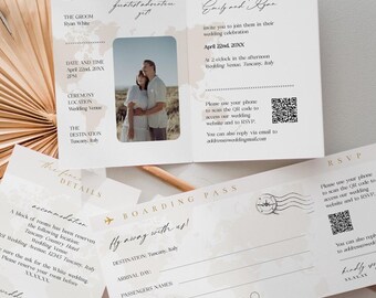 Passport wedding invitation template suite Destination travel wedding boarding pass invite set with photo and QR code Editable