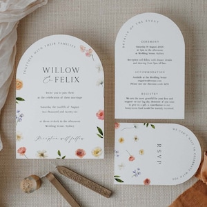 Suite de modèles de faire-part de mariage arche florale, lot de faire-part de mariage de fleurs sauvages bohème imprimable avec forme d'arche, édition en corjl