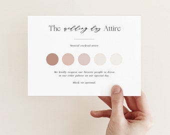 Wedding Attire Card Template Download, Guest Dress Code Insert card Corjl, Wedding Guest Dress Code Card, Wedding Color Palette