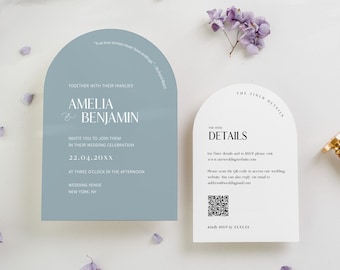 Arch Wedding Invitation Template Suite with QR code, Modern Boho Dusty Blue Arch Invitation Set, Printable Wedding Stationery