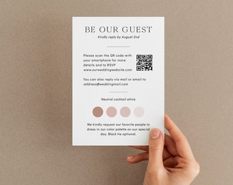 Druckbare Vorlage für RSVP + Hochzeitskleidungskarte mit QR-Code, Gäste-Kleiderordnung, Antwortkarten-Download, Gäste-Kleiderordnung, Farbpalette
