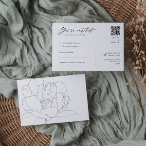 Cartão postal RSVP imprimível com ilustração moderna de flores e fonte de caligrafia, modelo de cartão de resposta floral minimalista, Editar em Corjl