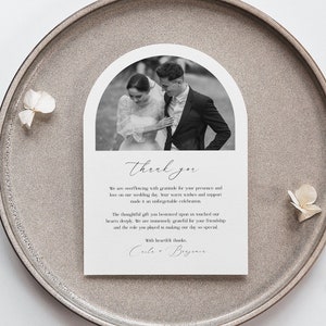 Druckbare Bogen Dankeskarten-Vorlage mit Foto, moderne Boho druckbare Hochzeit Dankeskarte, Boho Dankeschön, Bearbeitung in Corjl