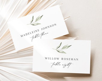 Greenery Wedding Place Card Template, Minimalist Wedding Seating Card Template with Watercolor Olive Branch