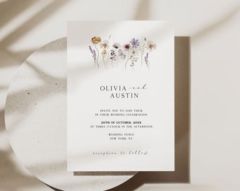 Printable floral wedding invitation template, Boho fall wedding invite with watercolor wildflowers, Simple minimalist flower invitation