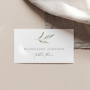 Modello stampabile per segnaposto per matrimonio con motivo "Greenery", modello minimalista per segnaposto per matrimonio con ramo d'ulivo acquerellato, modificabile in Corjl