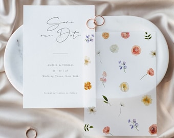 Floral vellum save the date invitation template Modern save our date invite with vellum overlay Wildflower wedding printable