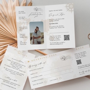 Passport wedding invitation template suite in beige and gold, Destination wedding boarding pass invite set with photo and QR code, Editable