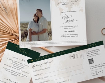 Boarding pass wedding invitation template suite with photo and QR code, Passport destination wedding invite set, Travel wedding printable