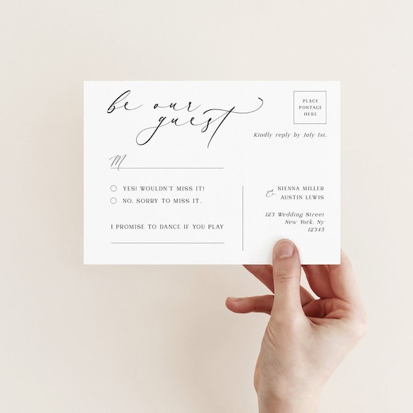 Modern RSVP postcard with script font, Minimalist modern printable RSVP template with stamp place, Editable Instant download