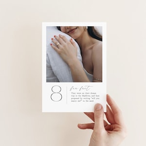 Plantilla imprimible de número de mesa con foto y datos curiosos (5x7), tarjeta minimalista con información curiosa, imagen y caligrafía, editable en Corjl.