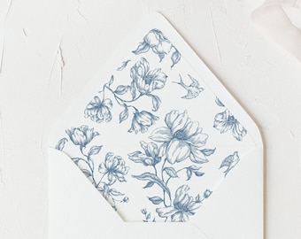 Printable Envelope Liner Template, Vintage Floral Blue Wedding Envelope Liner, IA7, Euro Flap, Square Flap, 6.5 Square, A6