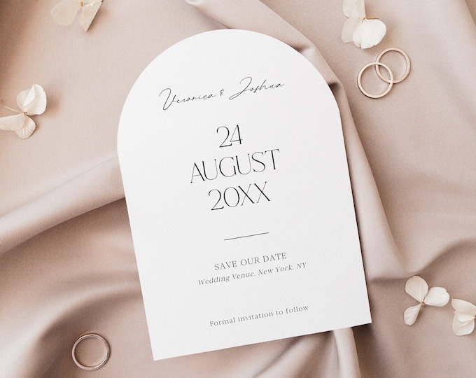Arche moderne Save the Date Invitation, Minimalist Arched StD Card, Editable Template, Instant Download