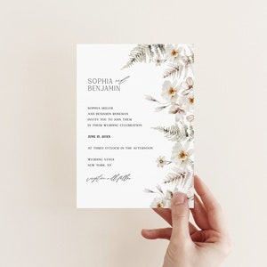 Modèle imprimable de faire-part de mariage floral, faire-part de mariage avec des fleurs blanches aquarelles, carte d'invitation minimaliste simple, édition en corjl